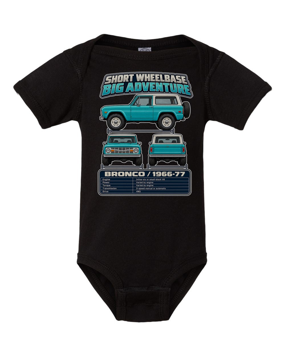 Ford Early Bronco spec sheet black baby onesie front view
