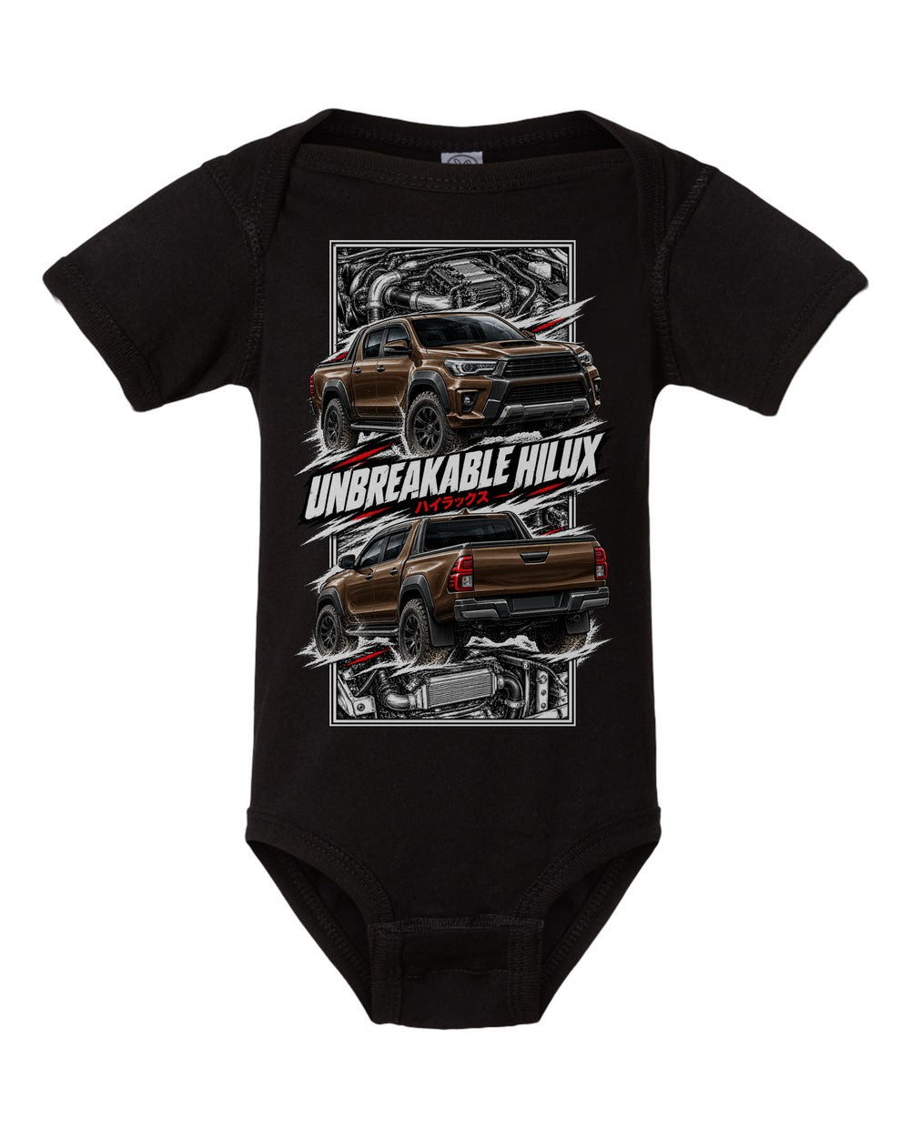 Toyota Hilux torn poster black baby onesie front view