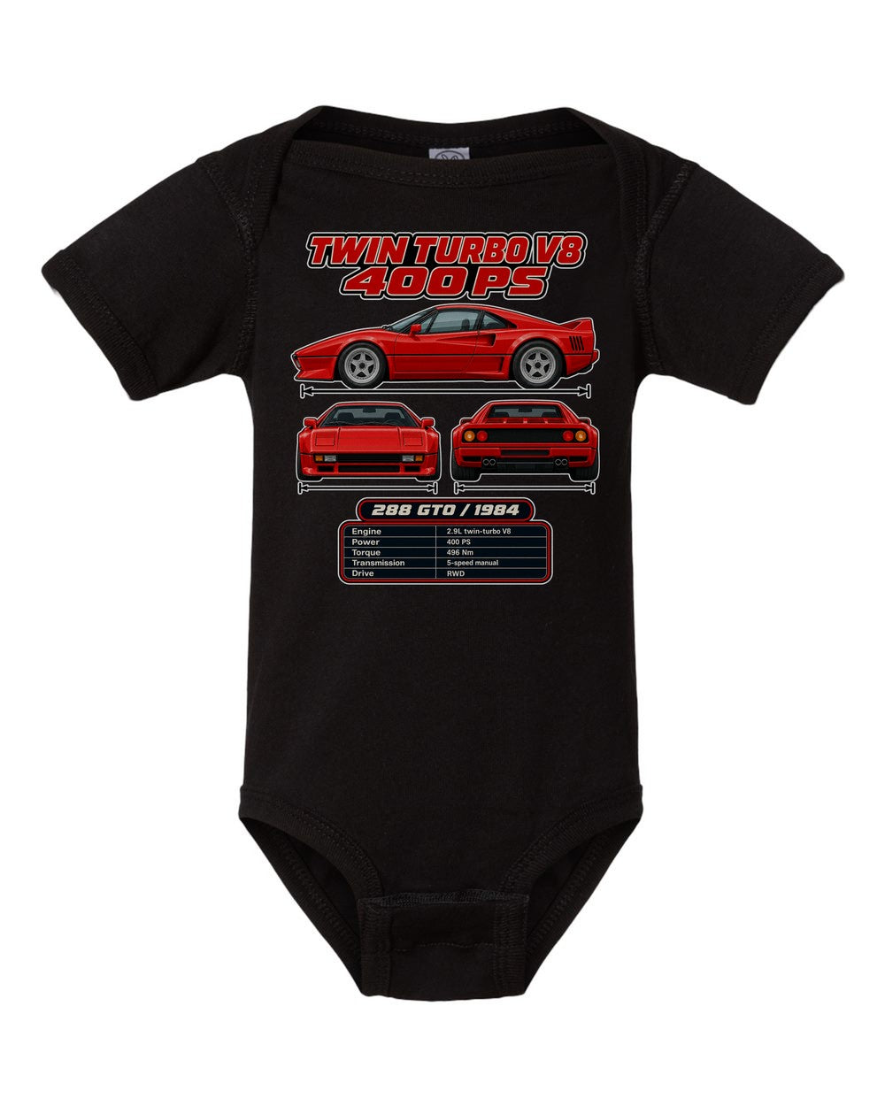 Ferrari 288 Gto spec sheet black baby onesie front view