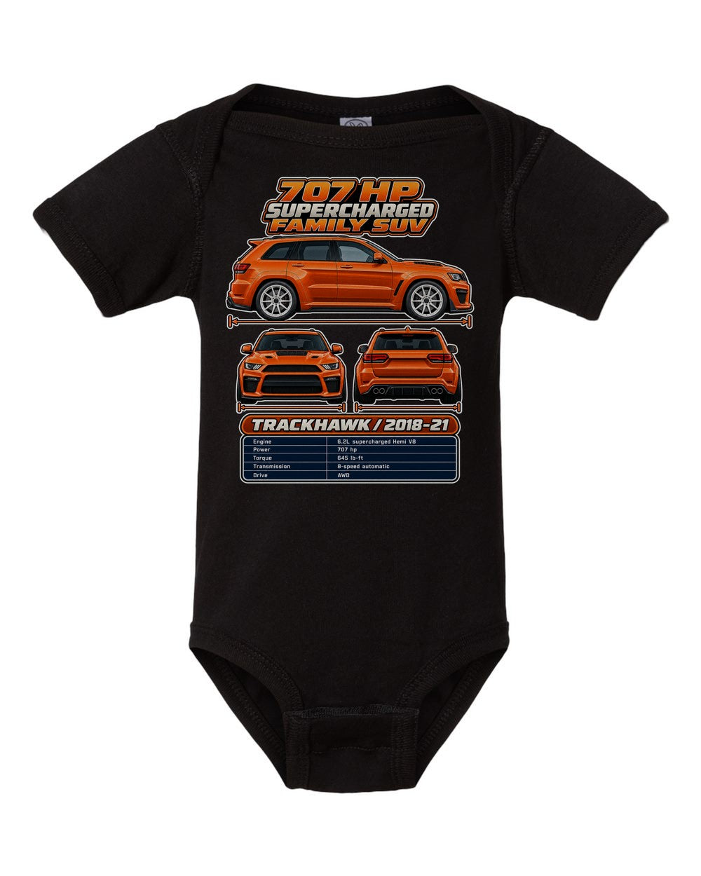 Jeep Grand Cherokee Trackhawk spec sheet black baby onesie front view
