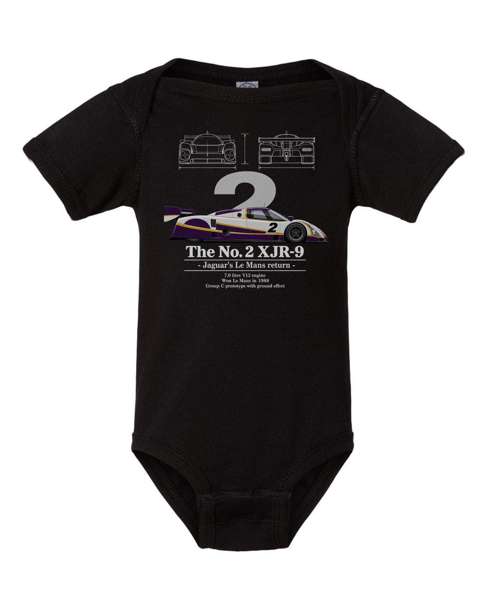 No. 2 XJR-9 black baby onesie front view
