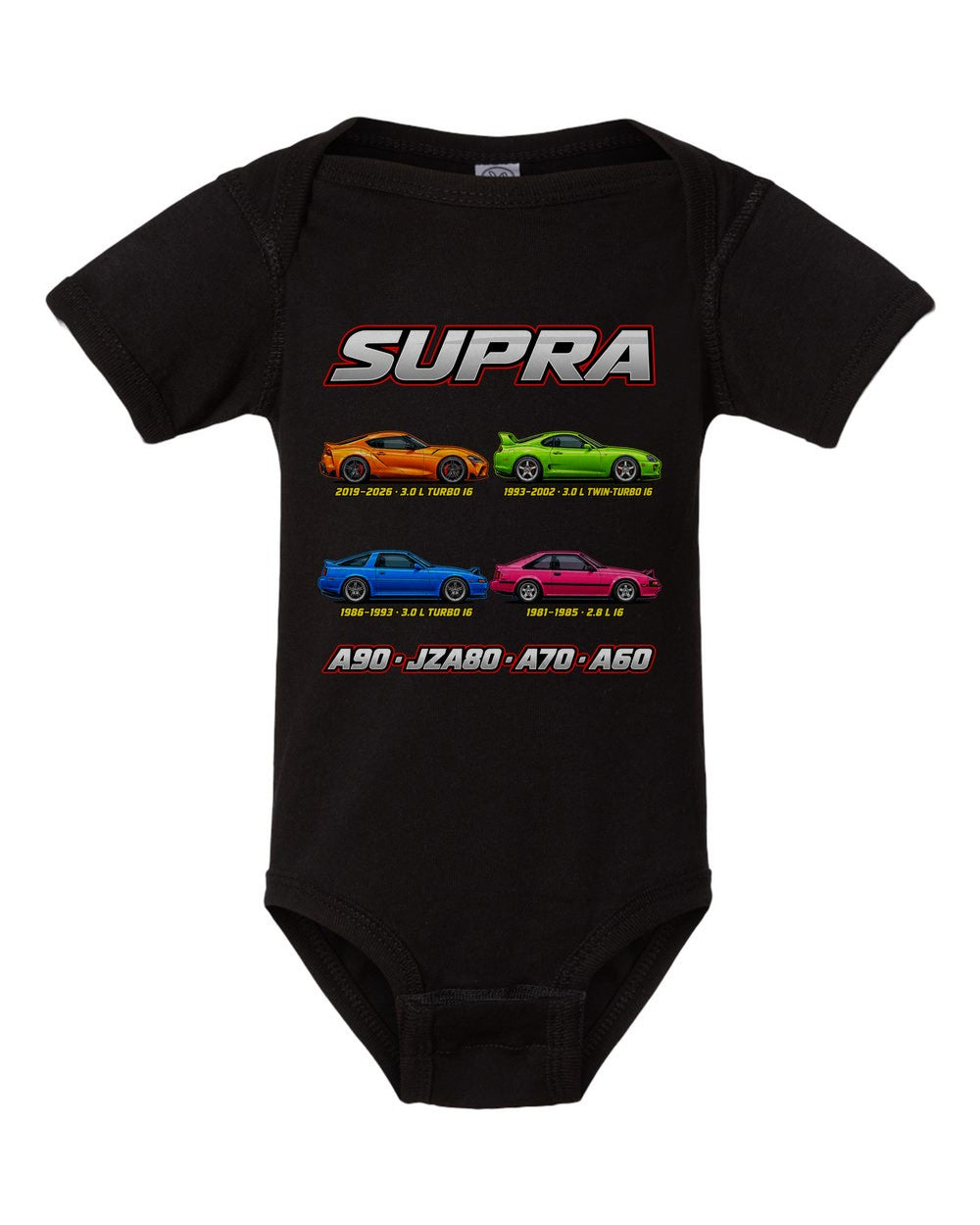 Toyota Supra evolution poster black baby onesie front view