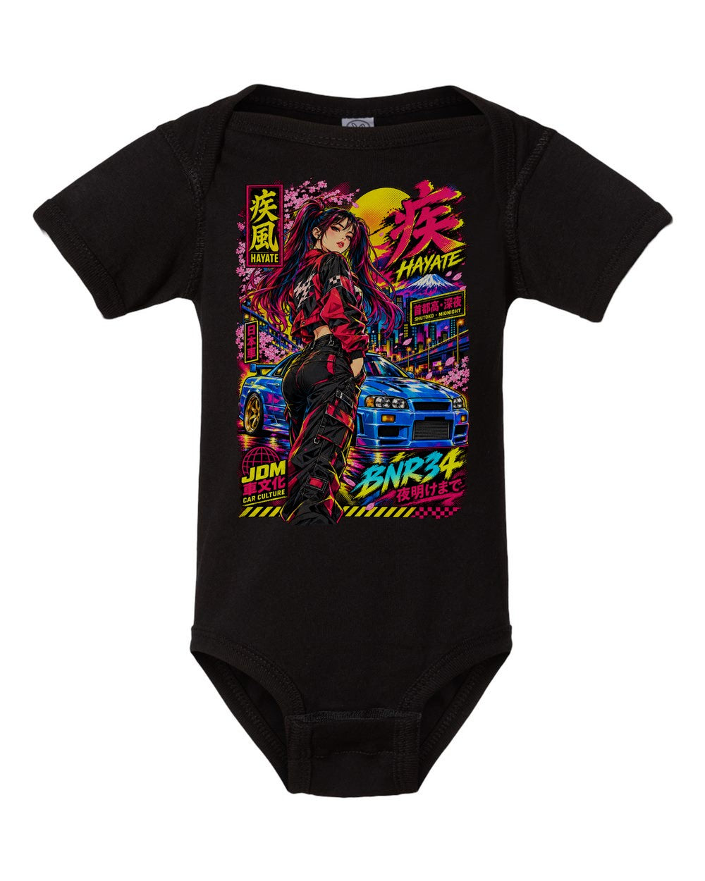HAYATE BNR34 black baby onesie front view with artwork