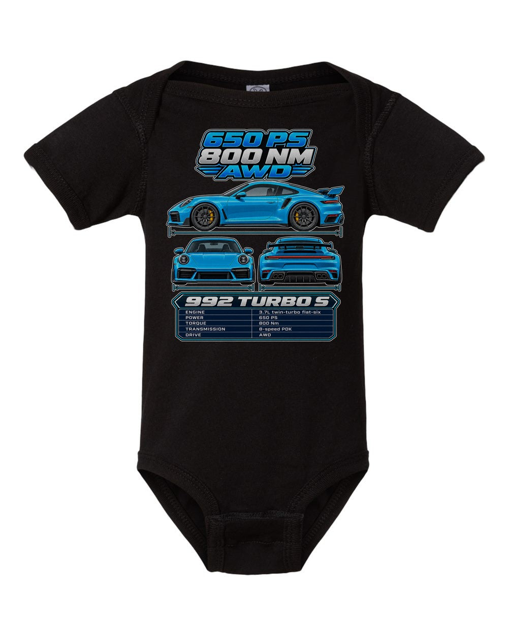 Porsche 911 Turbo S 992 spec sheet black baby onesie front view
