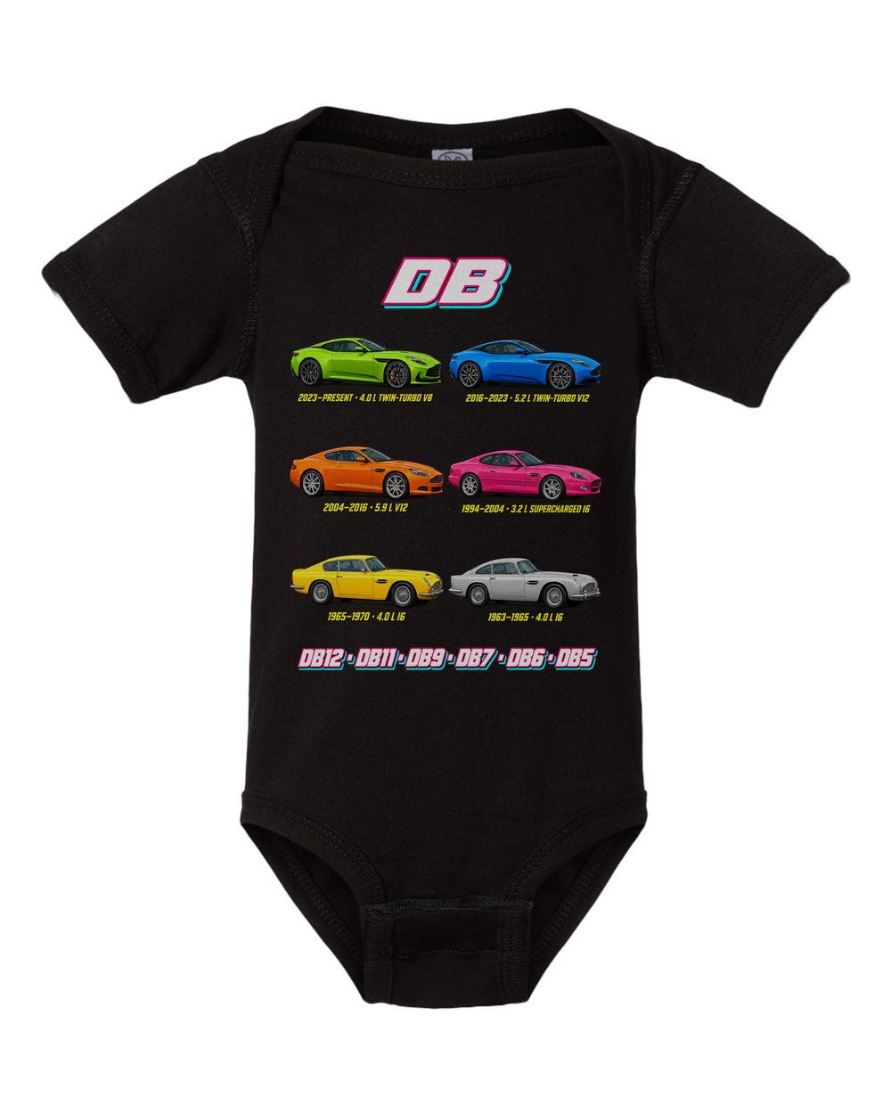 Aston Martin DB evolution poster black baby onesie front view