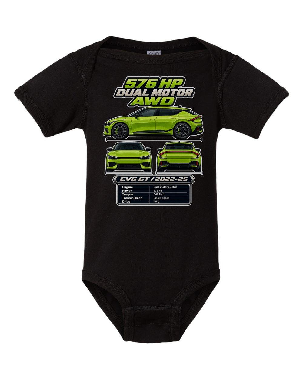 Kia Ev6 Gt spec sheet black baby onesie front view