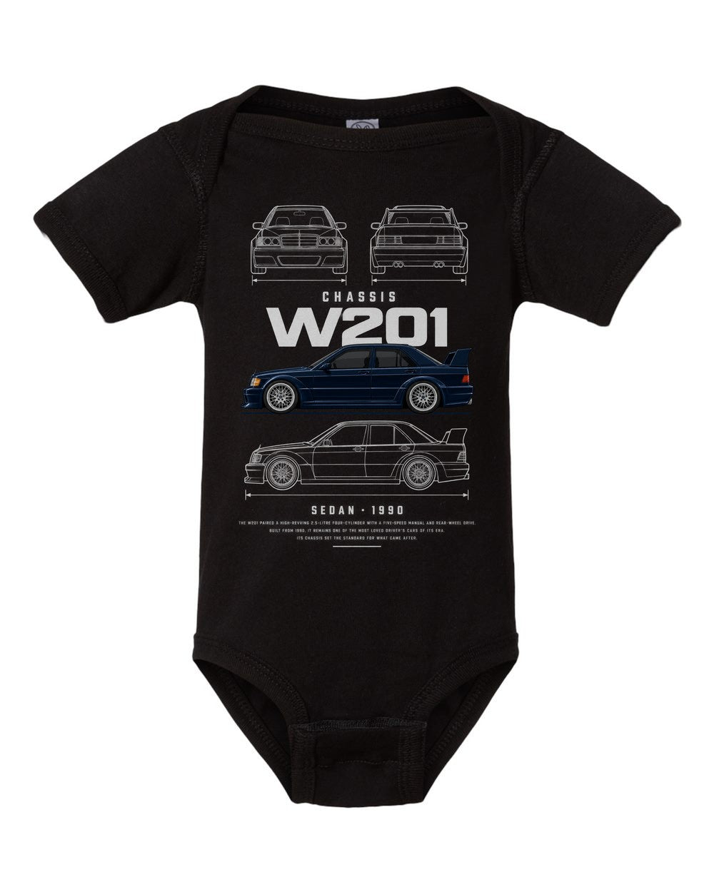 W201 artwork black baby onesie front view