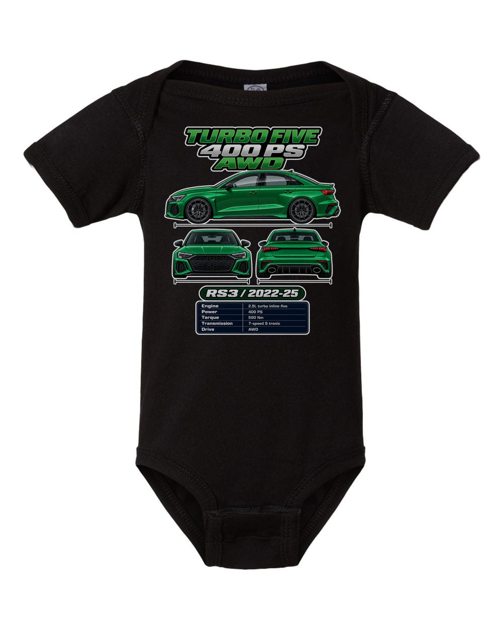 Audi Rs3 Sedan 8Y spec sheet black baby onesie front view