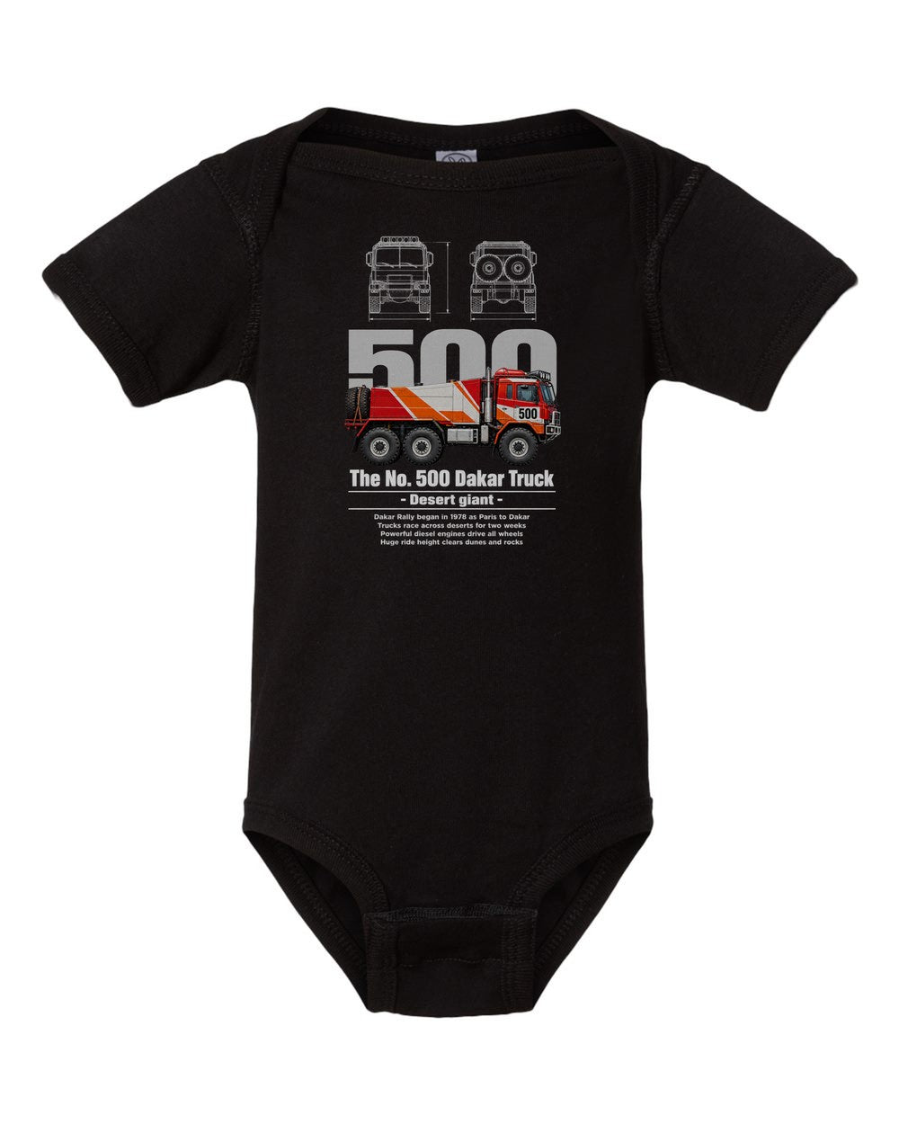 No. 500 Dakar Truck black baby onesie front view