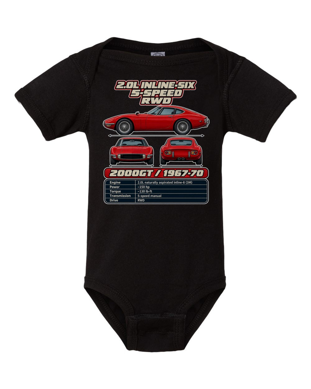 Toyota 2000Gt spec sheet black baby onesie front view