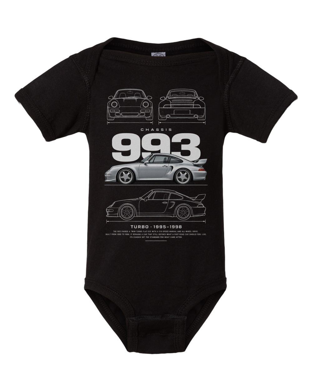 993 artwork black baby onesie front view