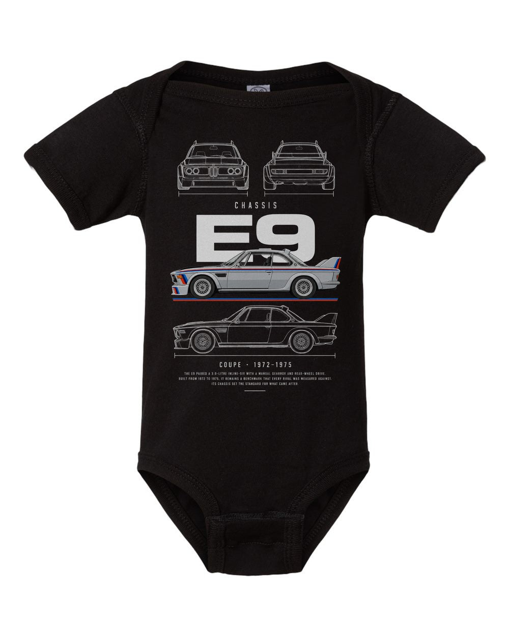 E9 artwork black baby onesie front view