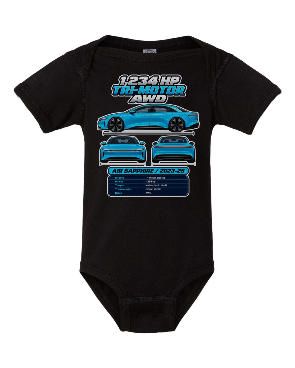 Lucid Air Sapphire spec sheet black baby onesie front view