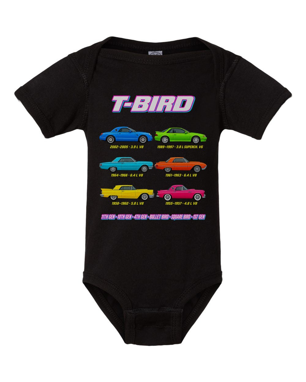 Ford Thunderbird evolution poster black baby onesie front view