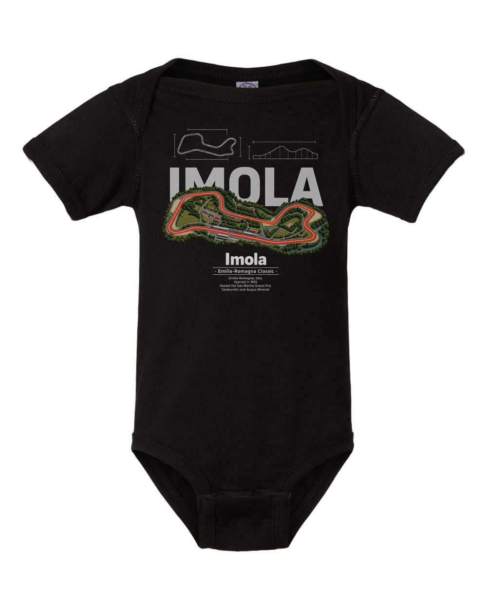Imola black baby onesie front view
