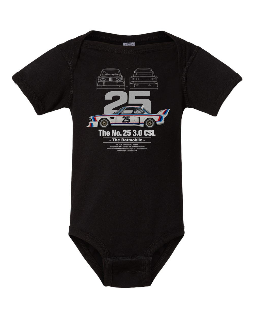No. 25 3.0 CSL black baby onesie front view