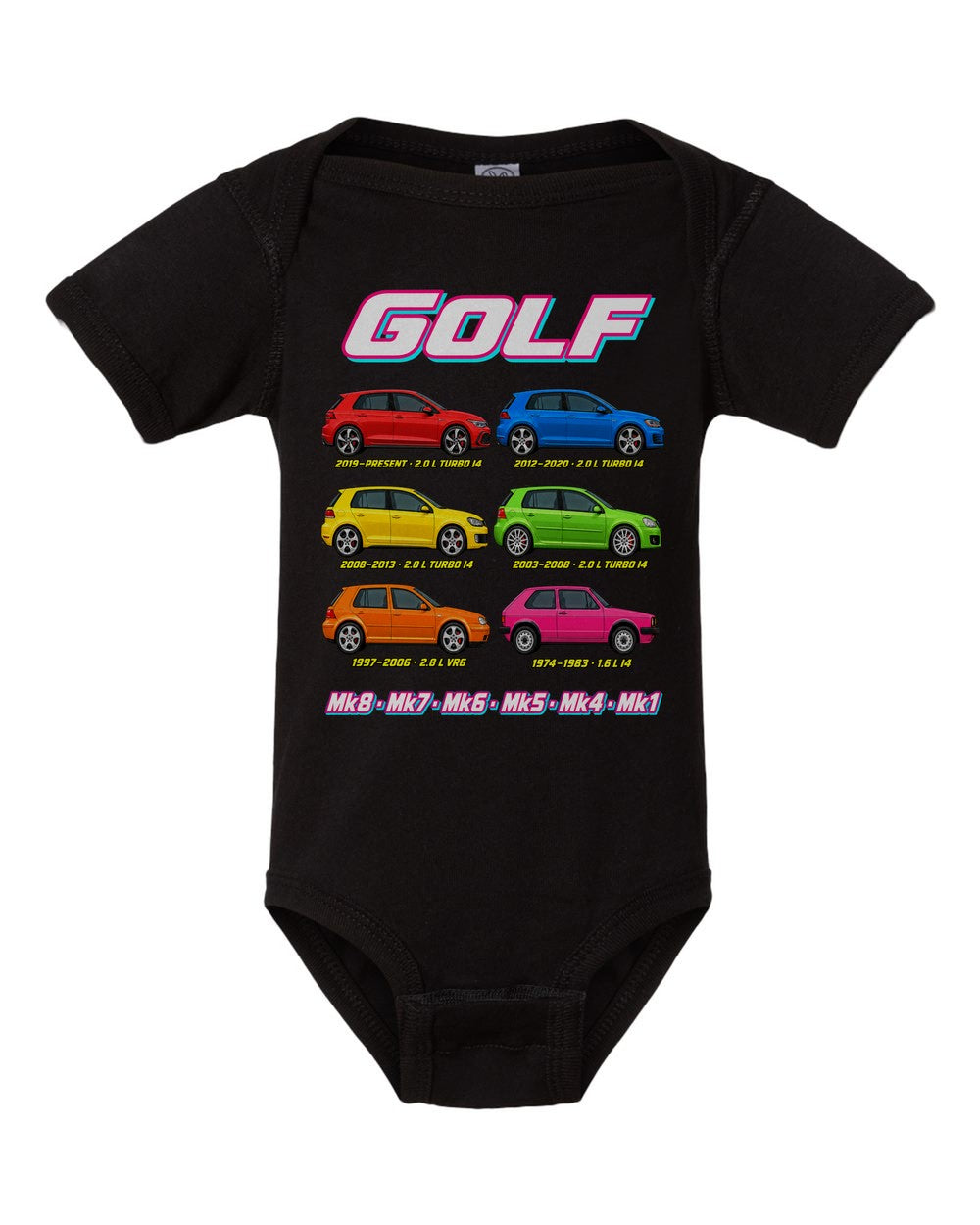 VW Golf evolution poster black baby onesie front view
