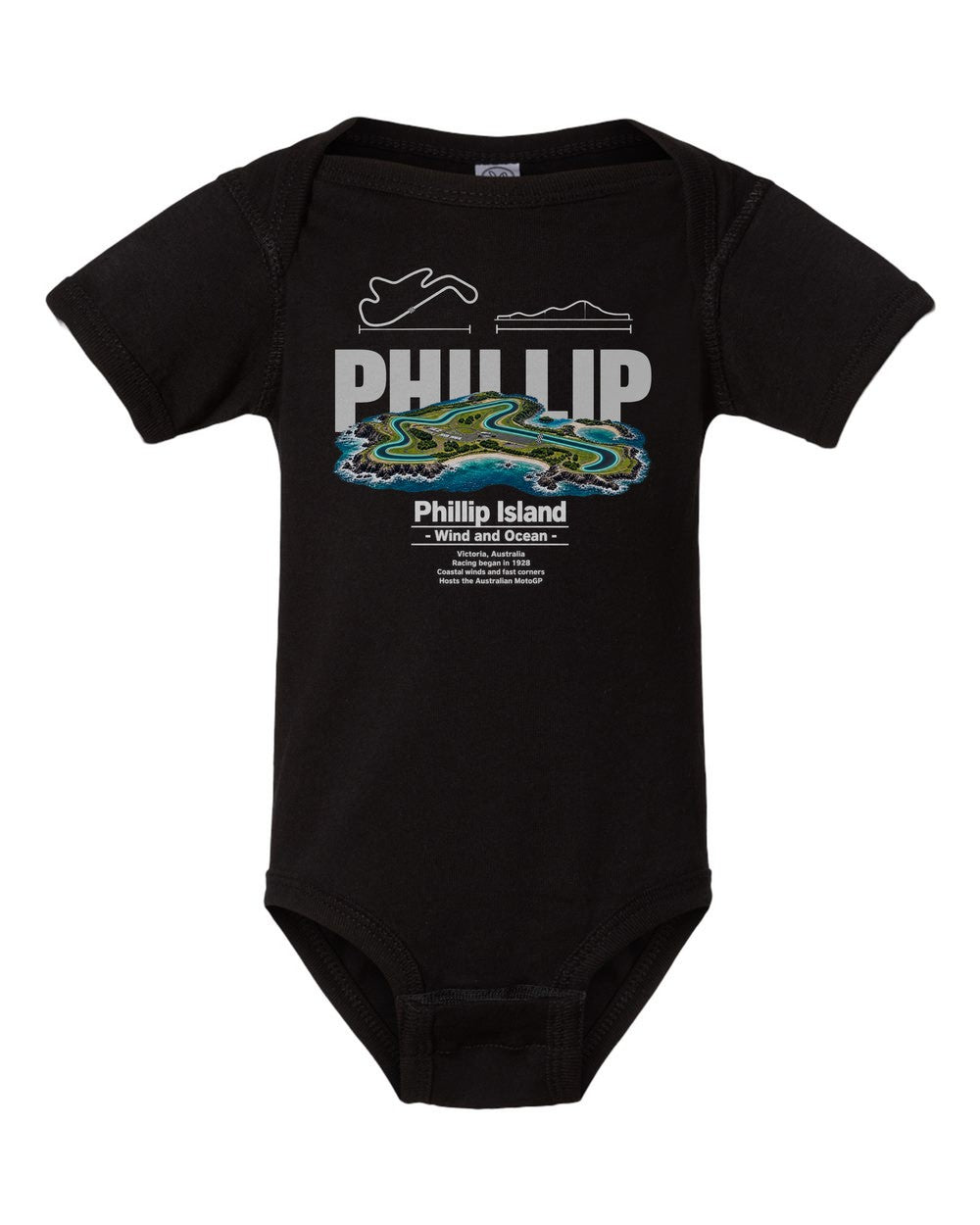 Phillip Island black baby onesie front view