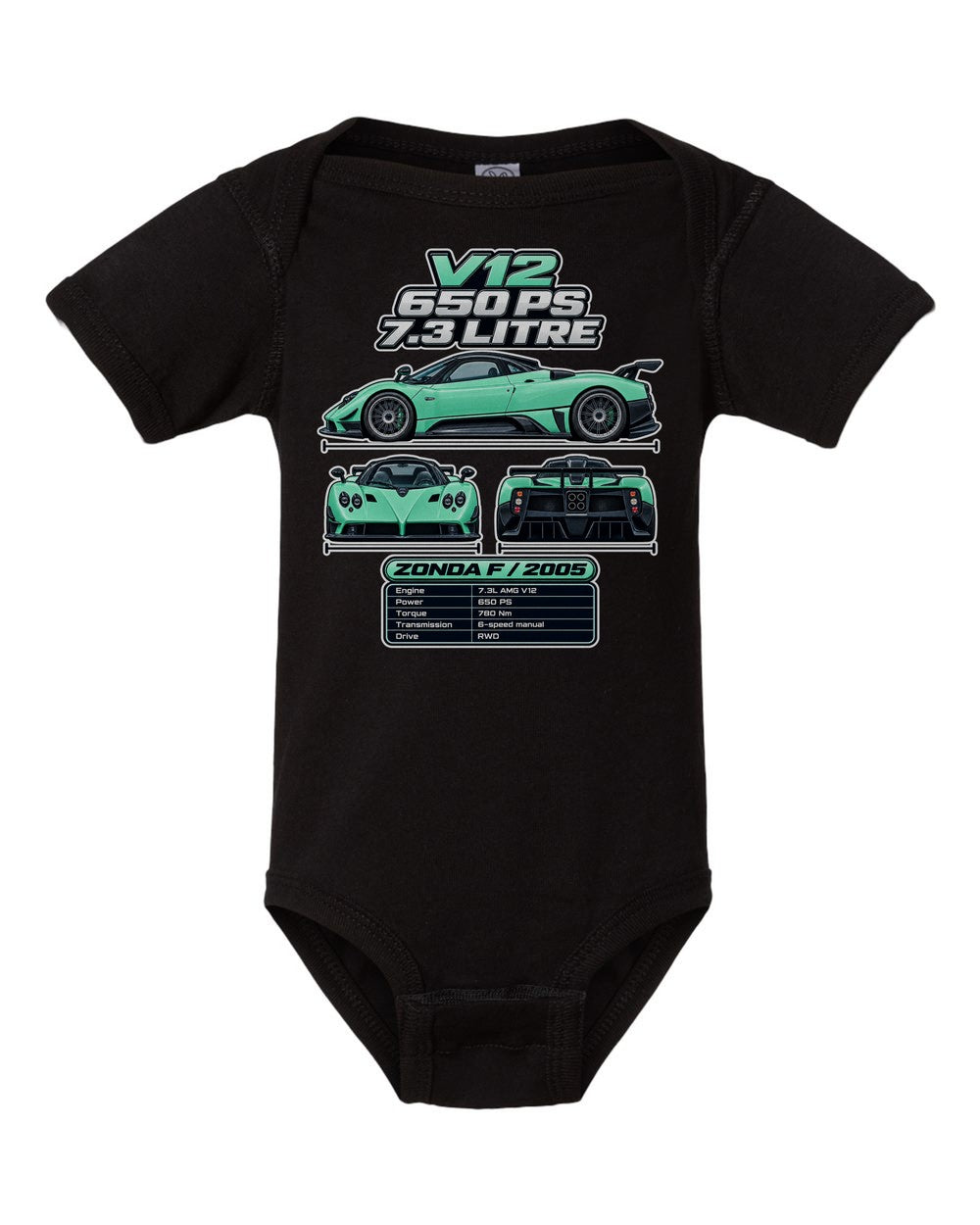 Pagani Zonda F spec sheet black baby onesie front view