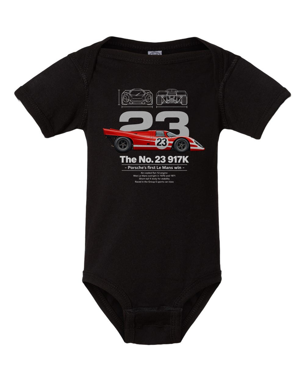 No. 23 917K black baby onesie front view