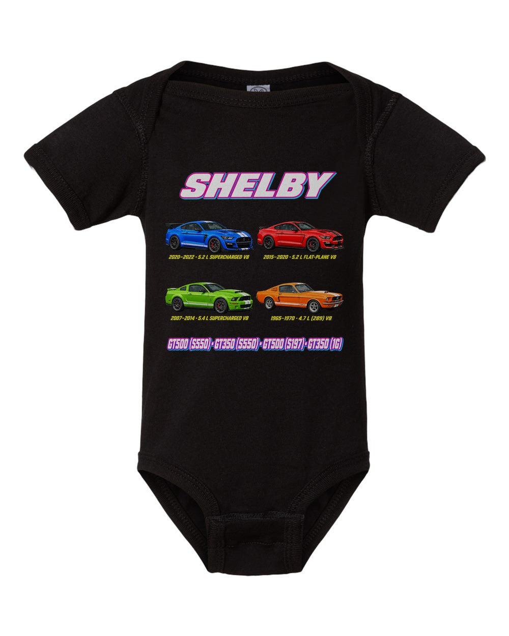 Shelby Mustang evolution poster black baby onesie front view