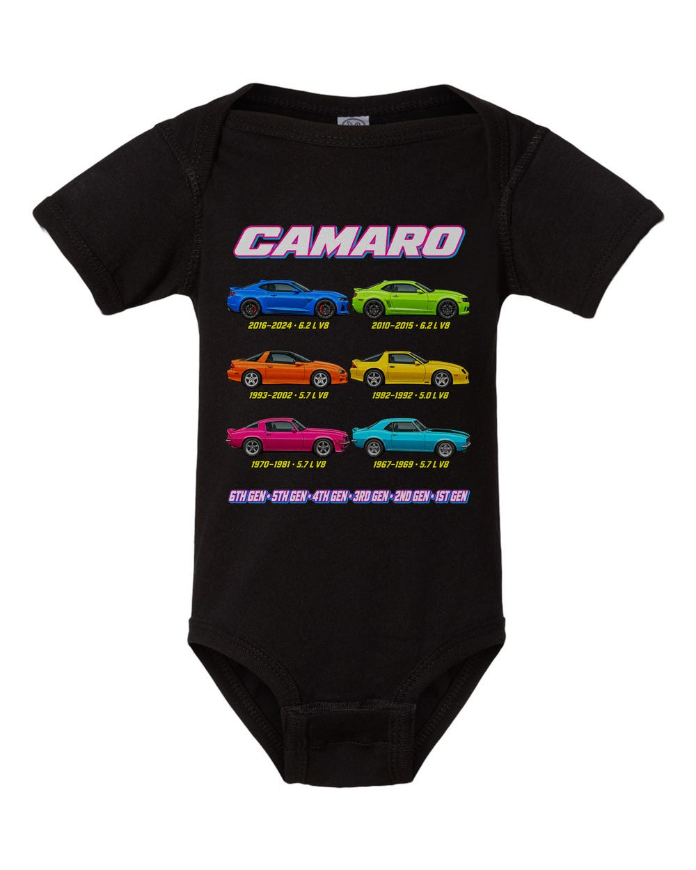 Chevy Camaro evolution poster black baby onesie front view