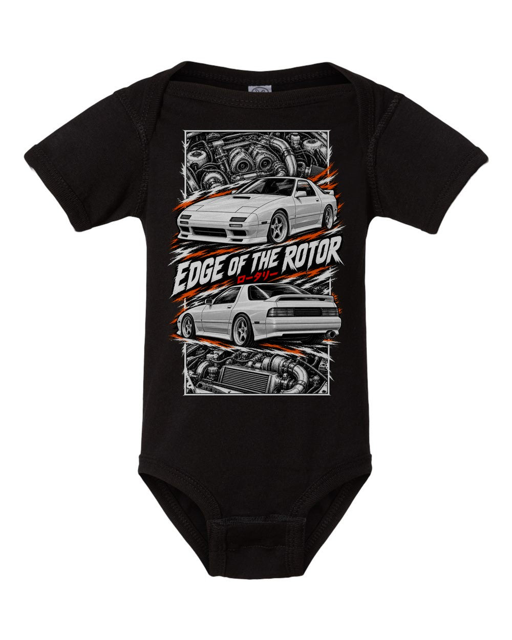 Mazda RX-7 Fc3S torn poster black baby onesie front view