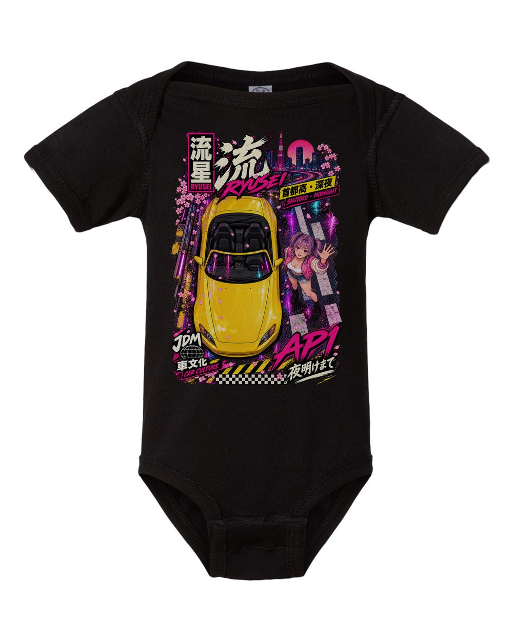 RYUSEI AP1 black baby onesie front view with artwork