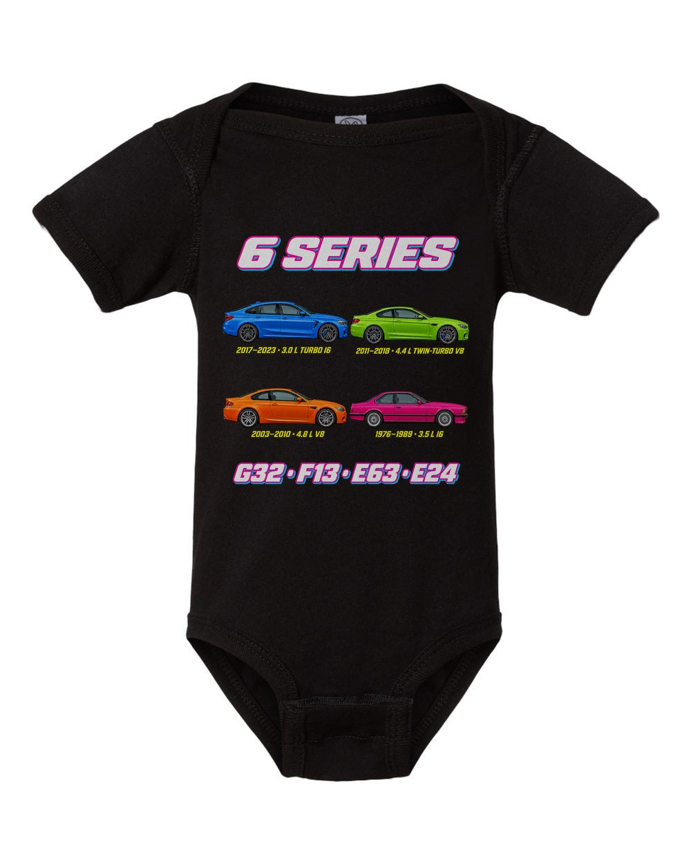 BMW 6 Series evolution poster black baby onesie front view