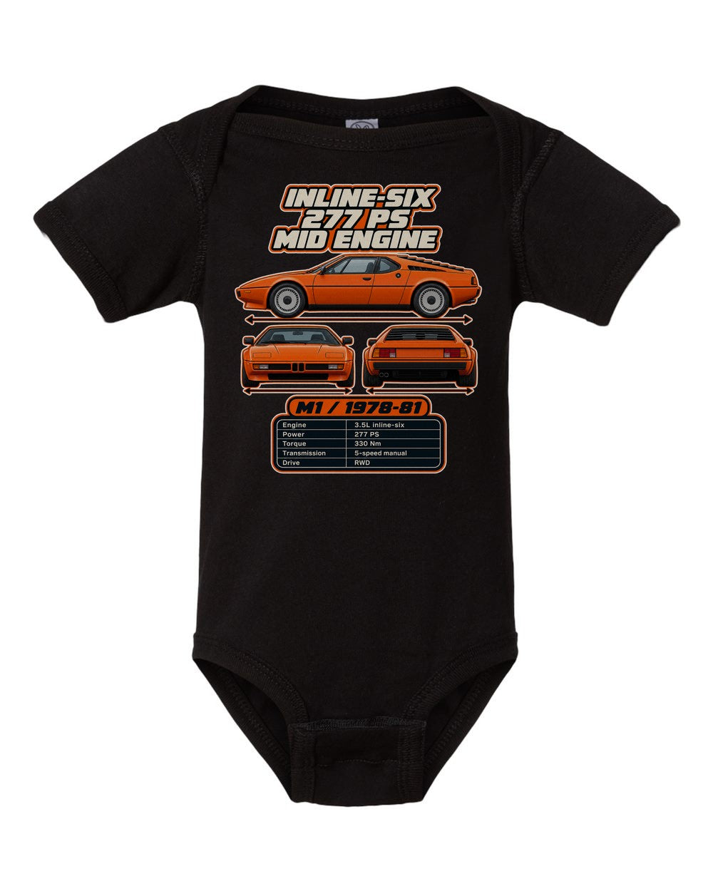 BMW M1 spec sheet black baby onesie front view