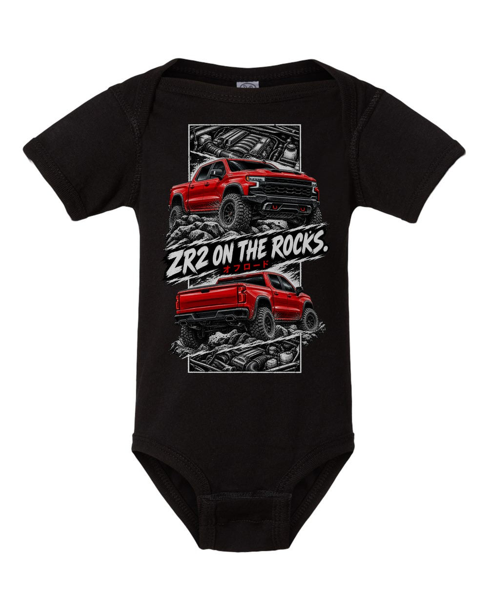 Chevy Silverado Zr2 torn poster black baby onesie front view