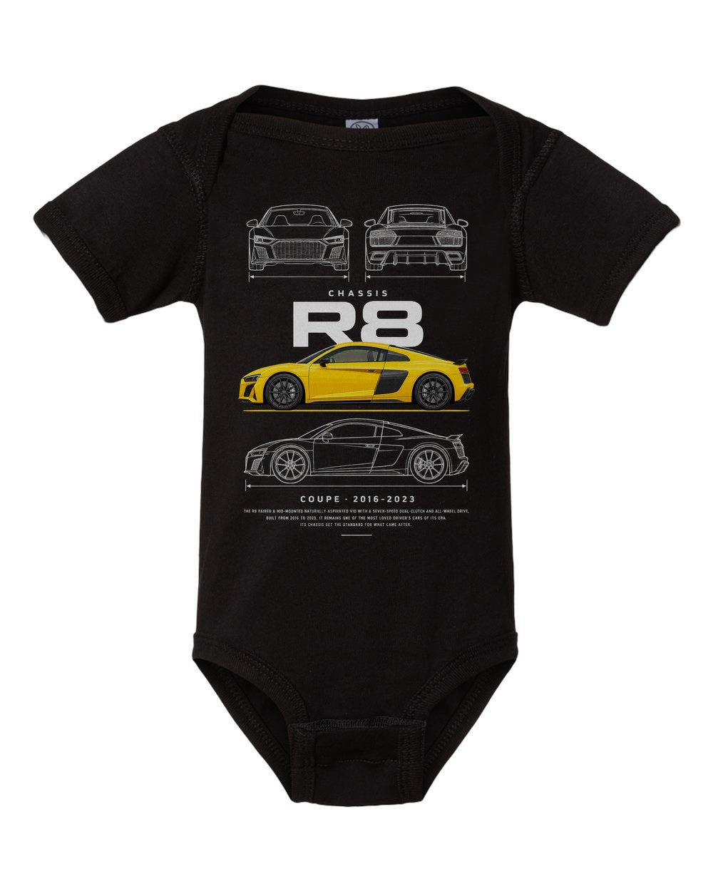 R8 artwork black baby onesie front view