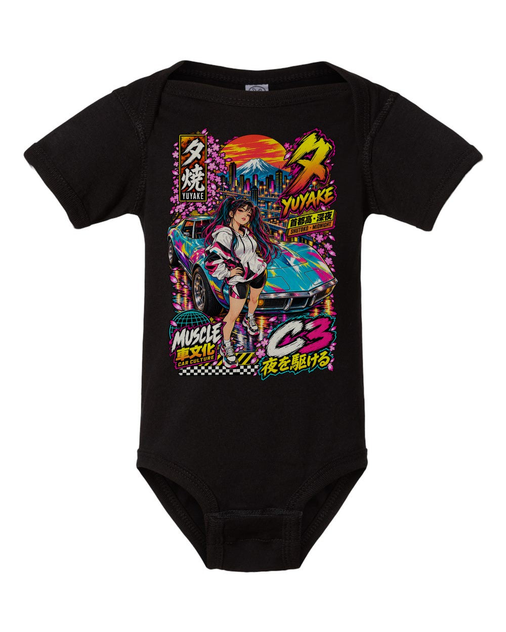 YUYAKE C3 black baby onesie front view with artwork