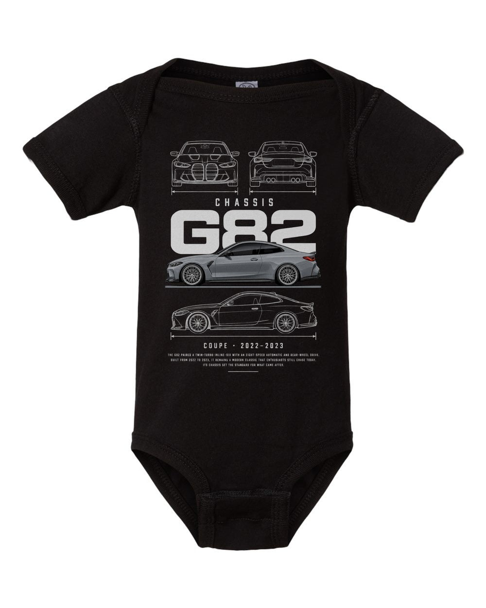 G82 artwork black baby onesie front view