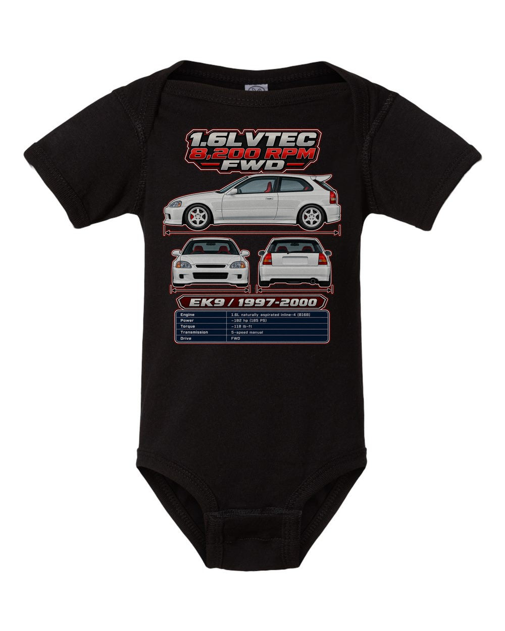 Honda Civic Type R Ek9 spec sheet black baby onesie front view