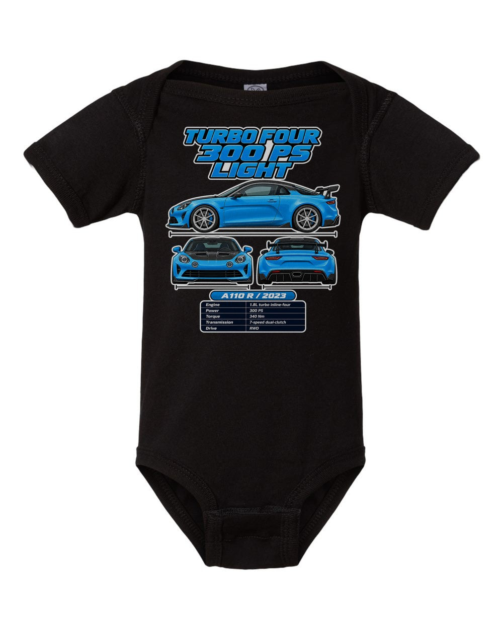 Alpine A110 R spec sheet black baby onesie front view