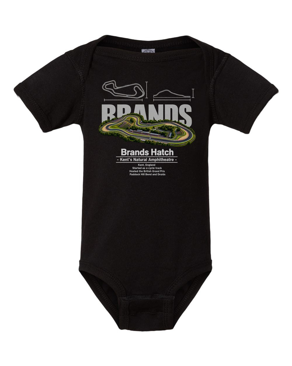 Brands Hatch black baby onesie front view