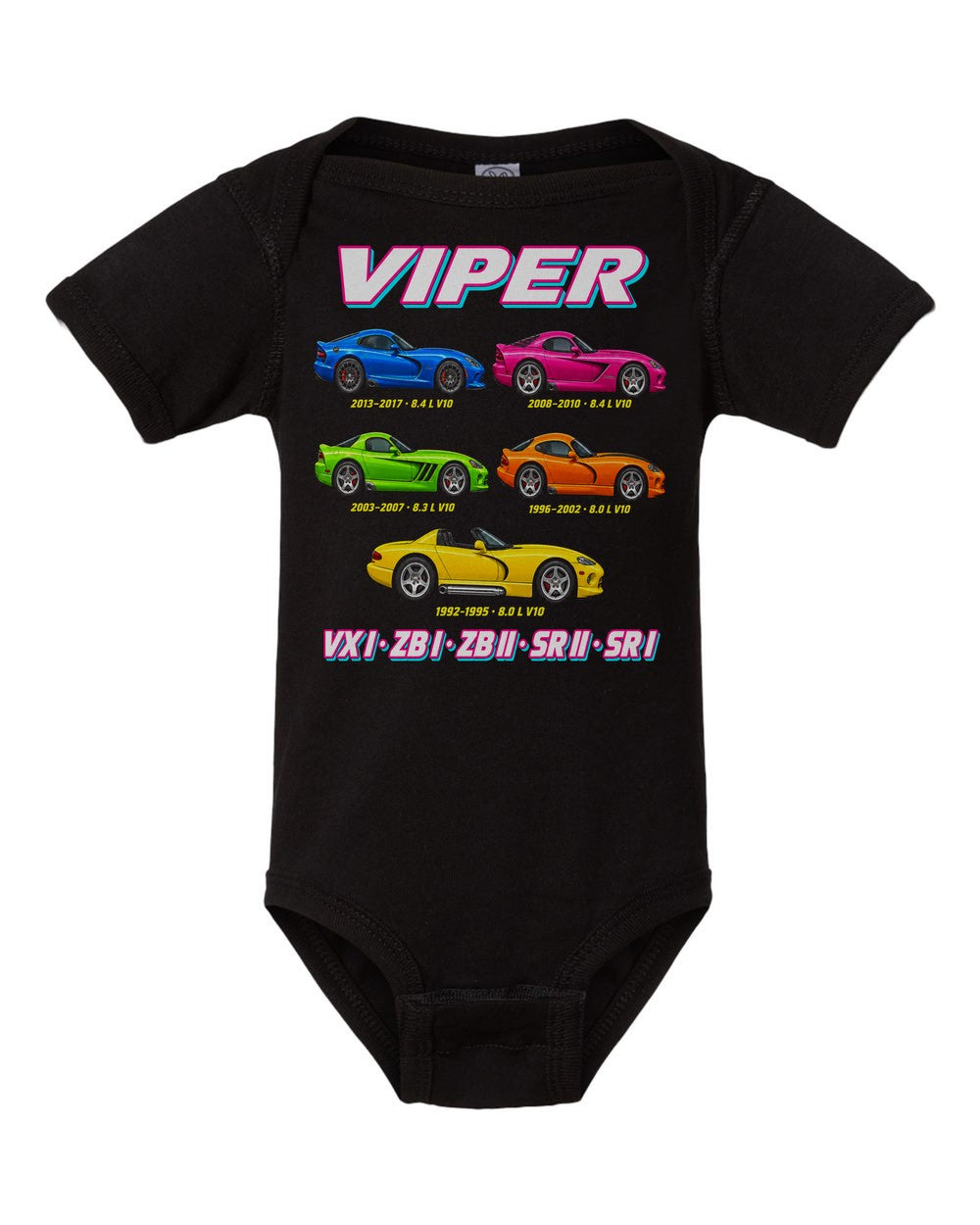 Dodge Viper evolution poster black baby onesie front view
