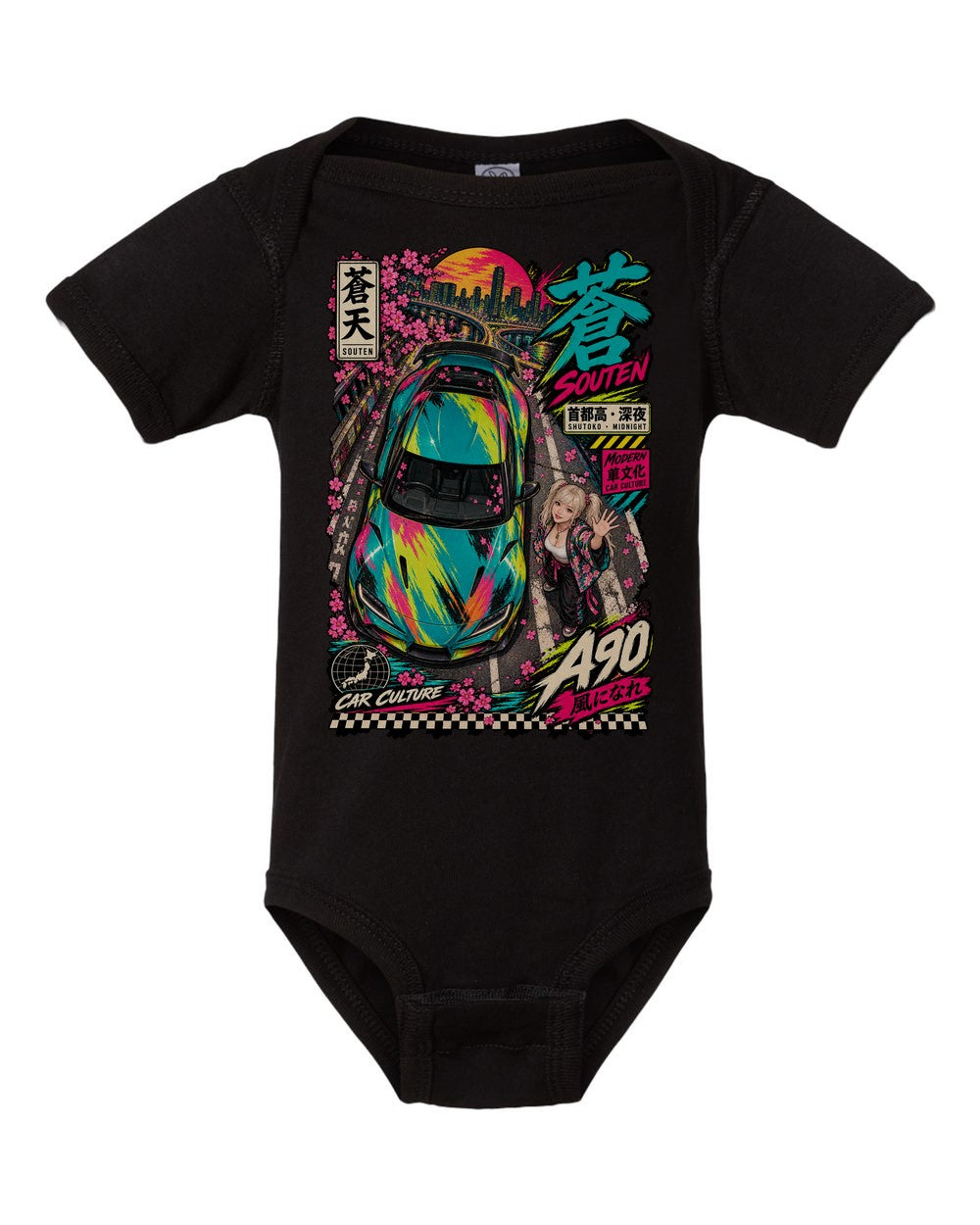 SOUTEN A90 black baby onesie front view with artwork