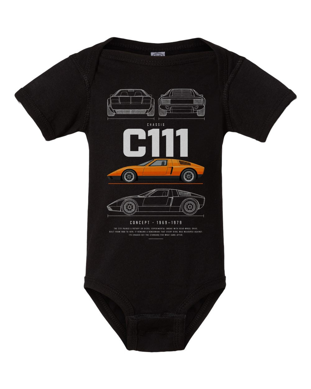 C111 artwork black baby onesie front view