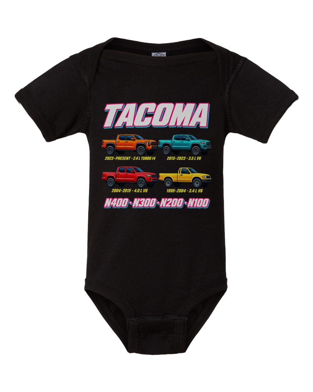 Toyota Tacoma evolution poster black baby onesie front view