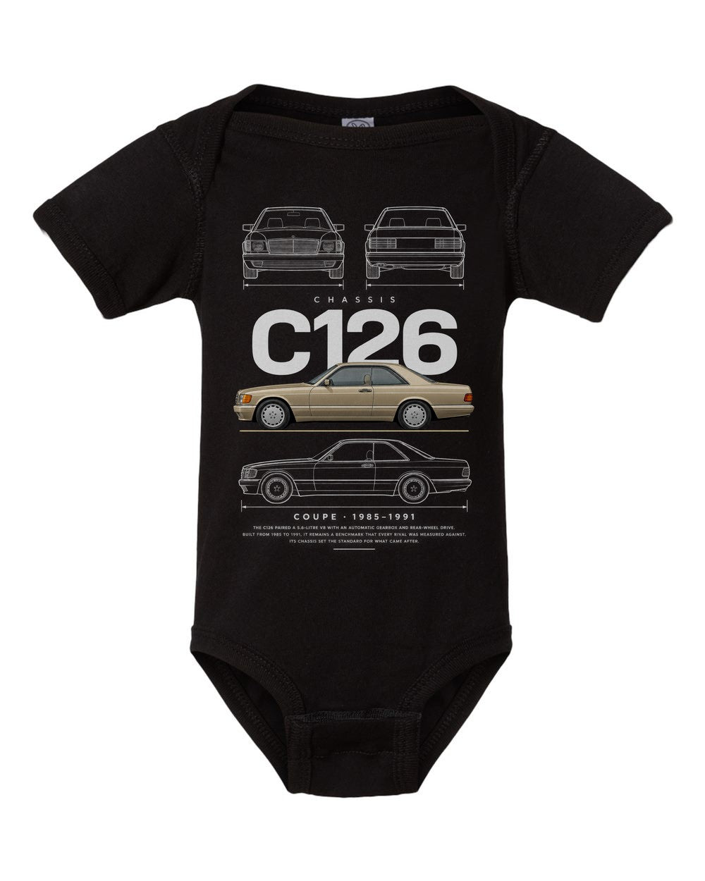 C126 artwork black baby onesie front view