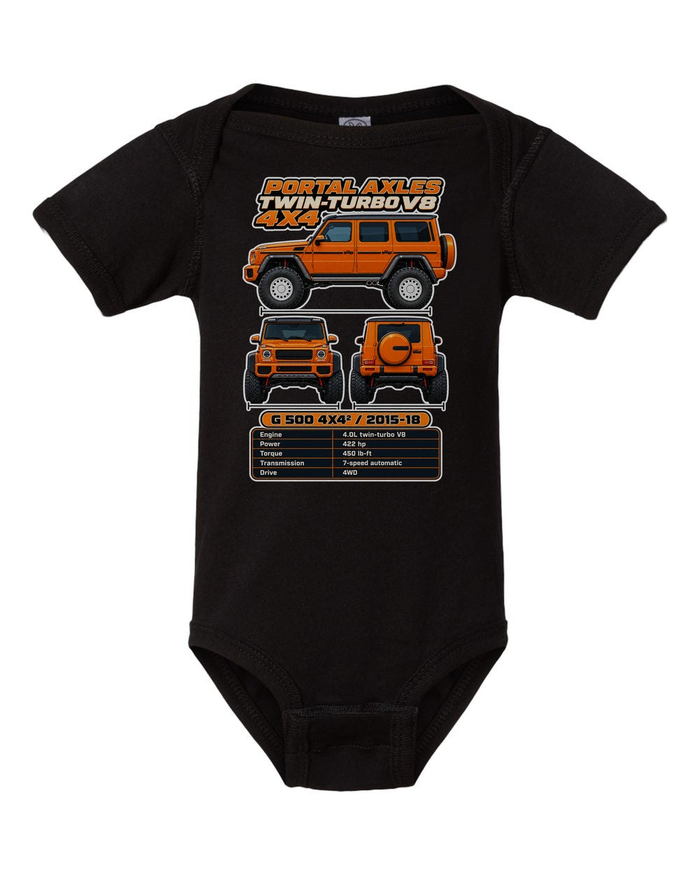 Mercedes G500 4X4 Squared spec sheet black baby onesie front view