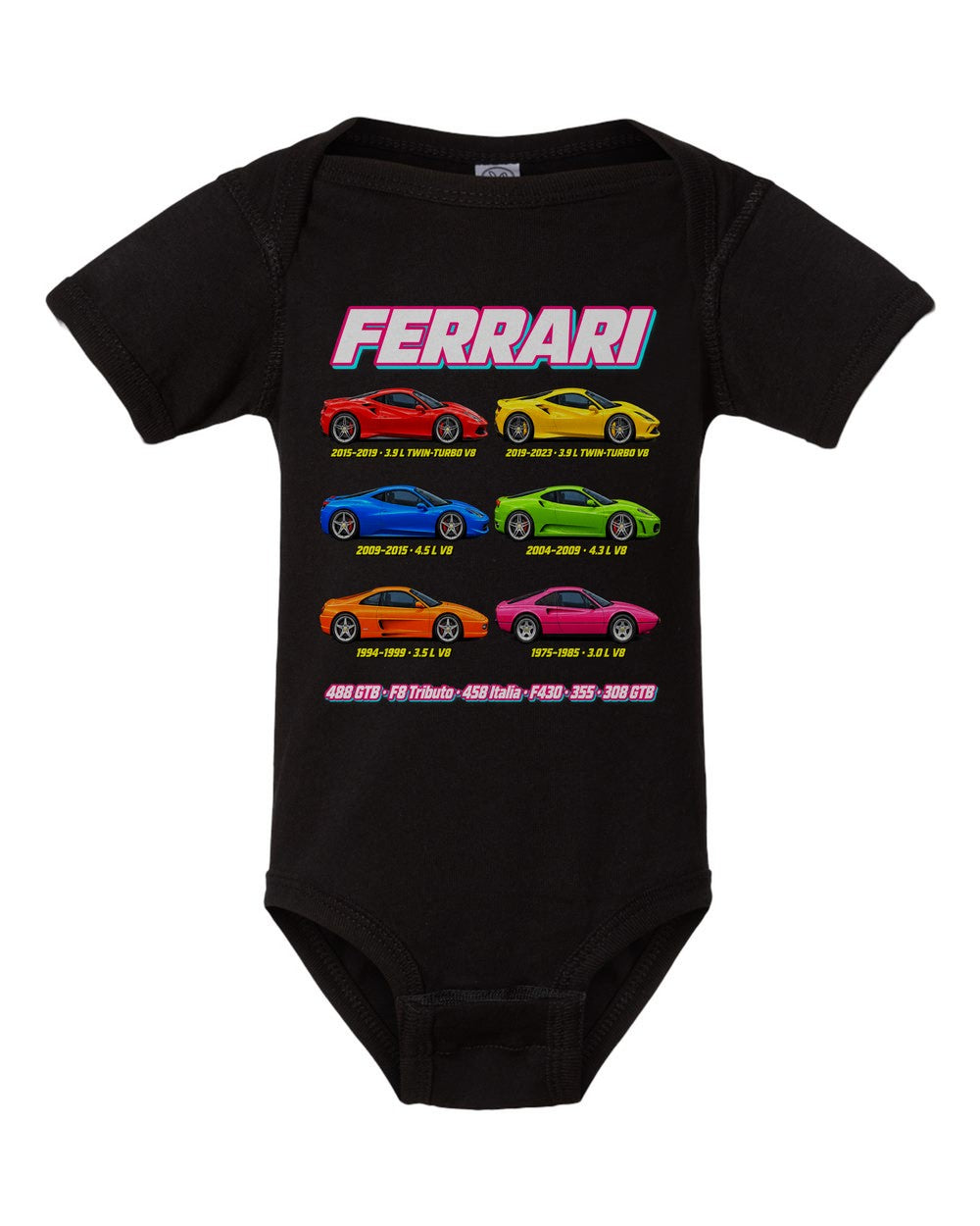 Ferrari V8 evolution poster black baby onesie front view
