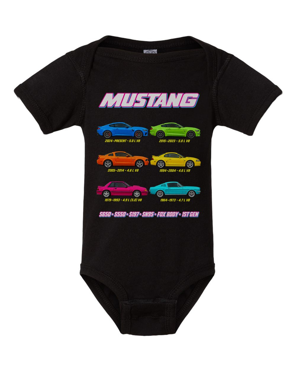Ford Mustang evolution poster black baby onesie front view