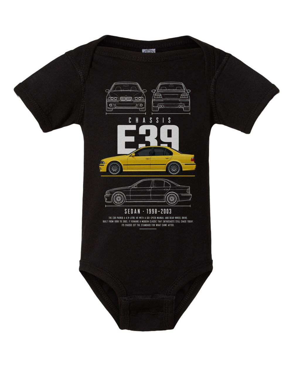 E39 artwork black baby onesie front view