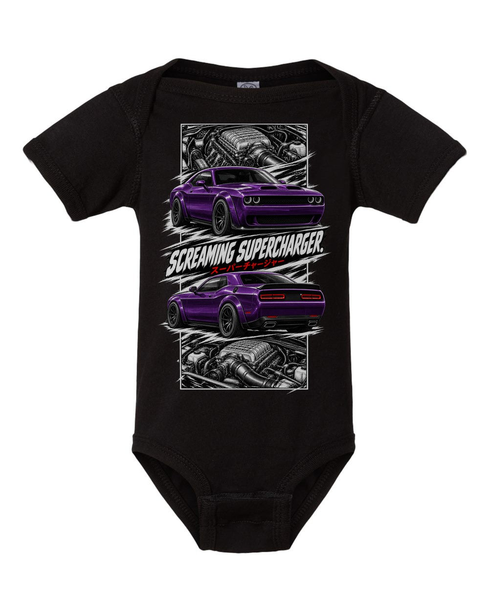 Dodge Hellcat torn poster black baby onesie front view