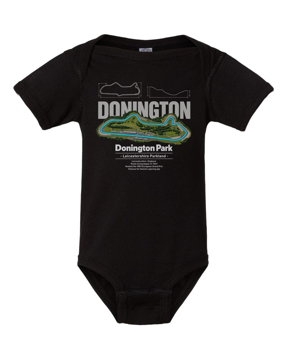 Donington Park black baby onesie front view