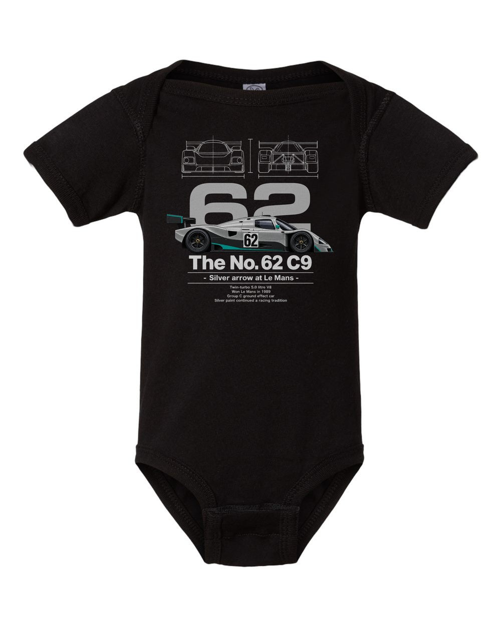 No. 63 C9 black baby onesie front view
