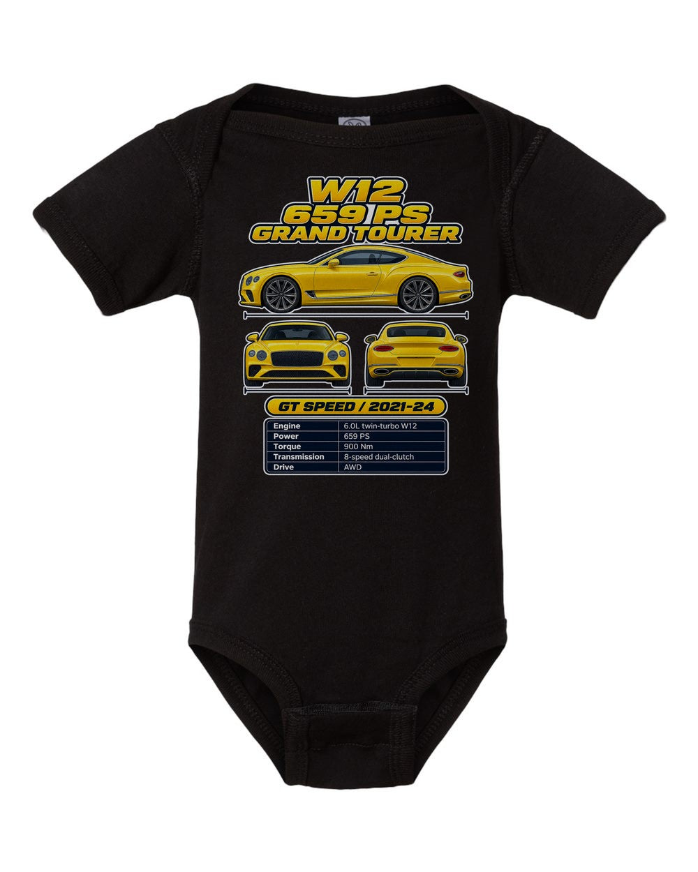 Bentley Continental Gt Speed spec sheet black baby onesie front view